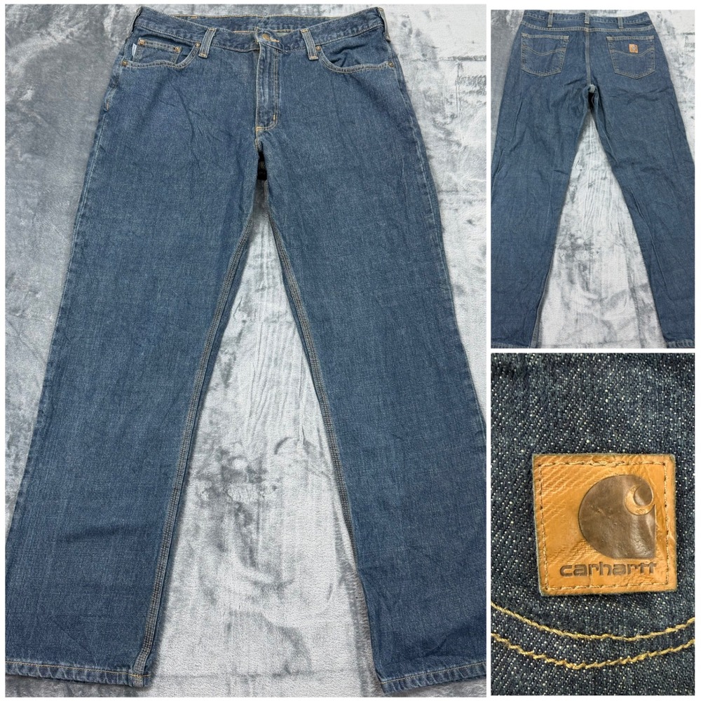 Carhartt Mens Relaxed Fit Straight Leg Denim Jeans Dark Wash Leather Patch 36x34